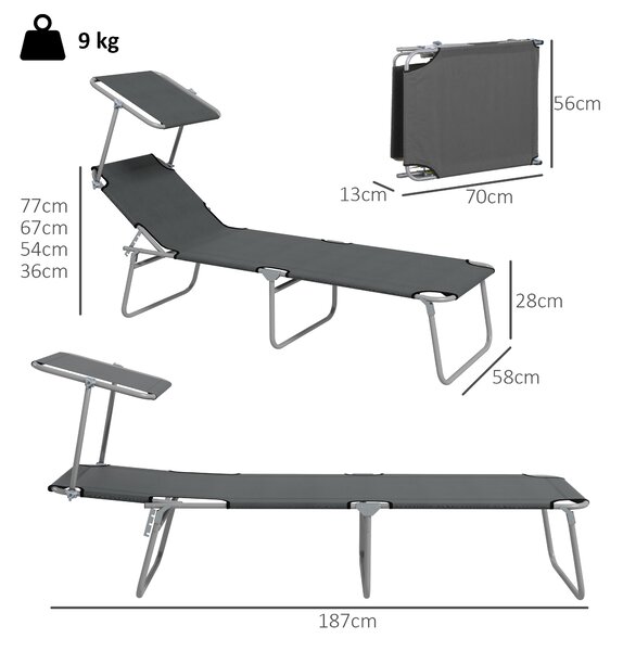 Outsunny Sun Lounger Set of 2, Foldable, 4-Level Adjustable Backrest, Reclining Chair with Sun Shade, for Beach/Garden/Patio, Grey