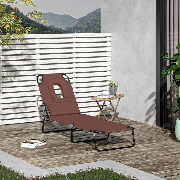 Outsunny Sun Lounger with Pillow and Reading Hole, Foldable Reclining Chair, Garden Beach Outdoor Recliner, Adjustable, Brown Aosom UK