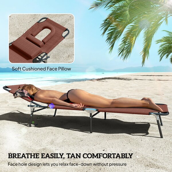 Outsunny Sun Lounger with Pillow and Reading Hole, Foldable Reclining Chair, Garden Beach Outdoor Recliner, Adjustable, Brown Aosom UK