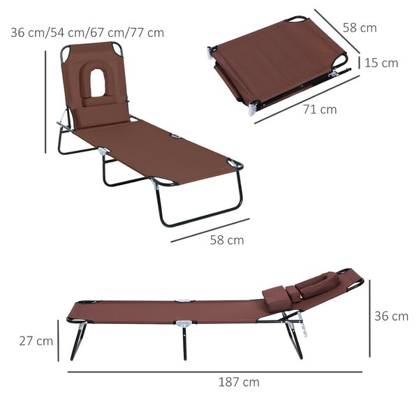 Outsunny Sun Lounger with Pillow and Reading Hole, Foldable Reclining Chair, Garden Beach Outdoor Recliner, Adjustable, Brown Aosom UK