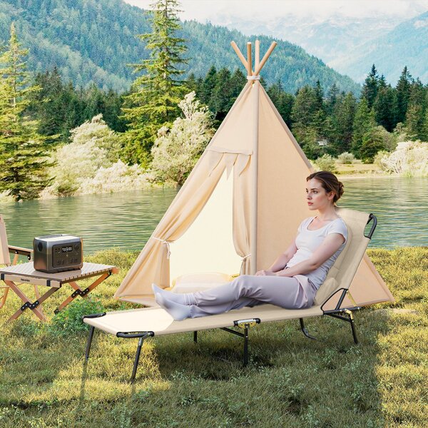 Outsunny Folding Sun Lounger with Pillow & Reading Hole, Adjustable Reclining Chair for Garden Beach, Beige