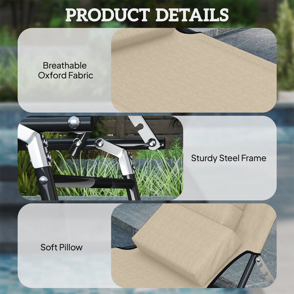 Outsunny Folding Sun Lounger with Pillow & Reading Hole, Adjustable Reclining Chair for Garden Beach, Beige