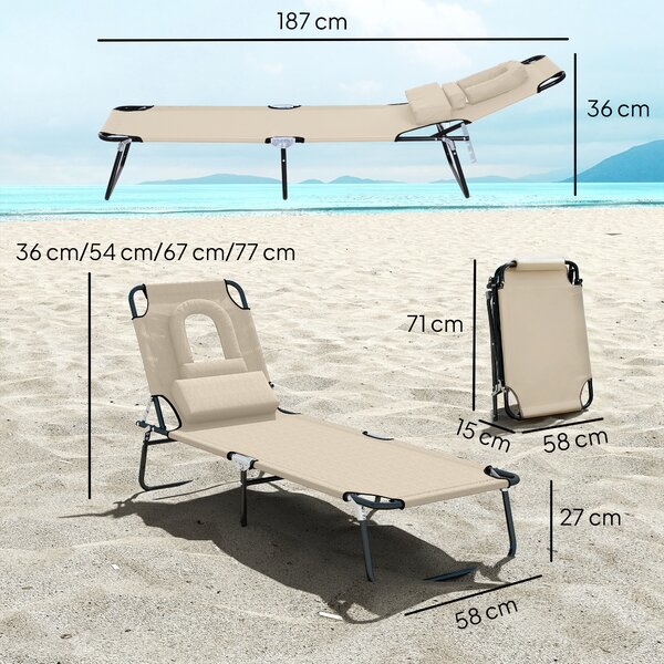 Outsunny Folding Sun Lounger with Pillow & Reading Hole, Adjustable Reclining Chair for Garden Beach, Beige