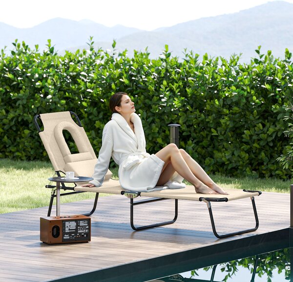 Outsunny Folding Sun Lounger with Pillow & Reading Hole, Adjustable Reclining Chair for Garden Beach, Beige
