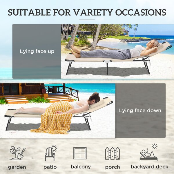 Outsunny Folding Sun Lounger with Pillow & Reading Hole, Adjustable Reclining Chair for Garden Beach, Beige