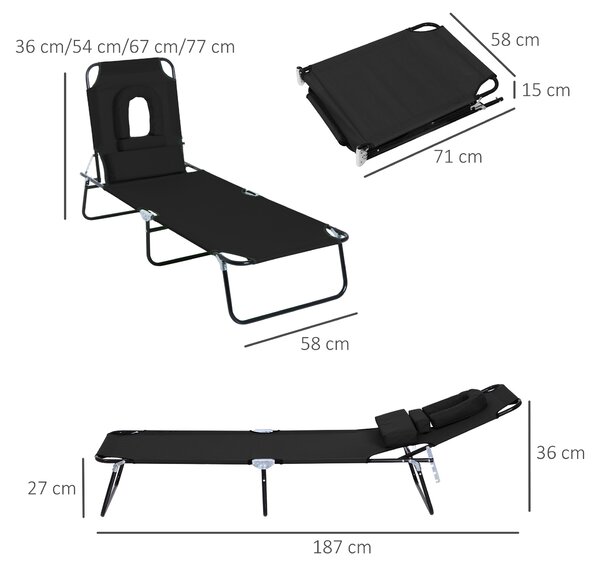 Outsunny Foldable Sun Lounger Recliner Chair with Pillow, Reading Hole for Garden Beach, Adjustable, Black
