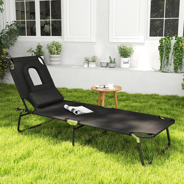 Outsunny Foldable Sun Lounger Recliner Chair with Pillow, Reading Hole for Garden Beach, Adjustable, Black