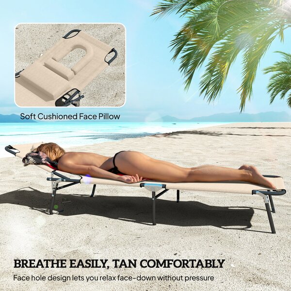 Outsunny Folding Sun Lounger with Pillow & Reading Hole, Adjustable Reclining Chair for Garden Beach, Beige