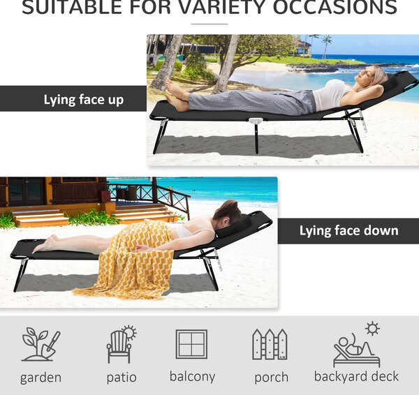 Outsunny Foldable Sun Lounger Recliner Chair with Pillow, Reading Hole for Garden Beach, Adjustable, Black