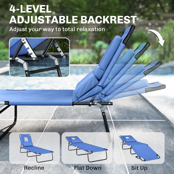 Outsunny Foldable Sun Lounger, Reclining Garden Chair with Pillow and Reading Hole, Adjustable, Blue