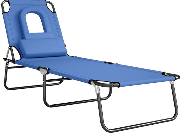 Outsunny Foldable Sun Lounger, Reclining Garden Chair with Pillow and Reading Hole, Adjustable, Blue
