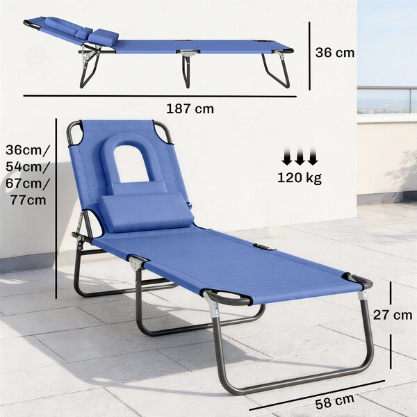 Outsunny Foldable Sun Lounger, Reclining Garden Chair with Pillow and Reading Hole, Adjustable, Blue
