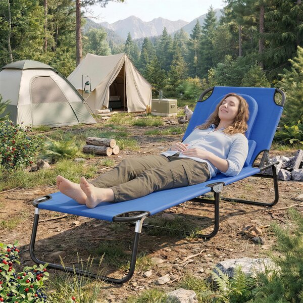 Outsunny Foldable Sun Lounger, Reclining Garden Chair with Pillow and Reading Hole, Adjustable, Blue