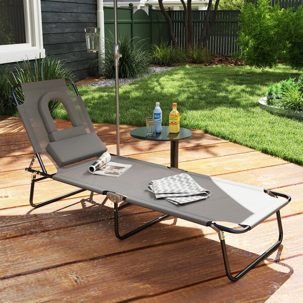 Outsunny Sun Lounger Foldable Reclining Chair with Pillow and Reading Hole Garden Beach Outdoor Recliner Adjustable Grey Aosom UK