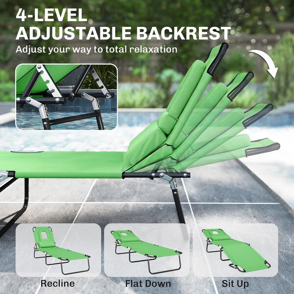 Outsunny Foldable Sun Lounger: Reclining Garden Chair with Pillow & Reading Hole, Adjustable Green Outdoor Recliner Aosom UK