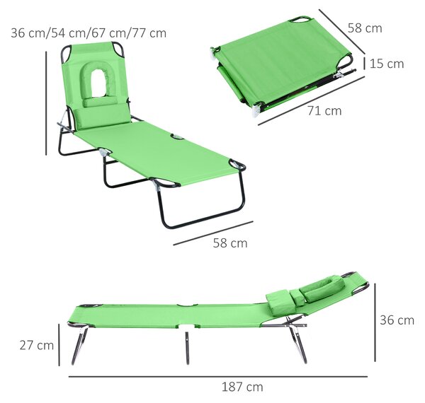 Outsunny Foldable Sun Lounger: Reclining Garden Chair with Pillow & Reading Hole, Adjustable Green Outdoor Recliner Aosom UK