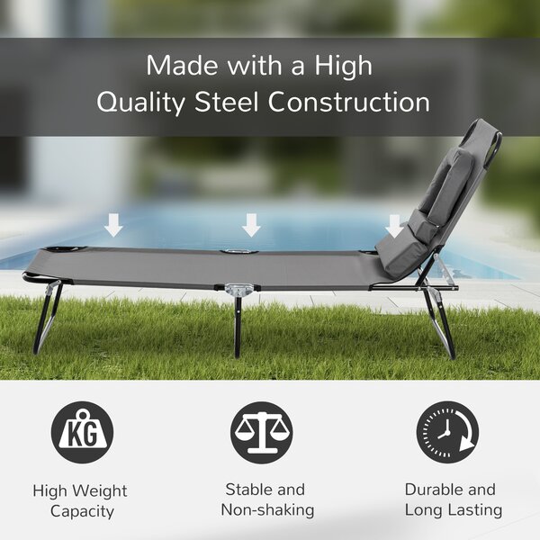Outsunny Sun Lounger Foldable Reclining Chair with Pillow and Reading Hole Garden Beach Outdoor Recliner Adjustable Grey Aosom UK