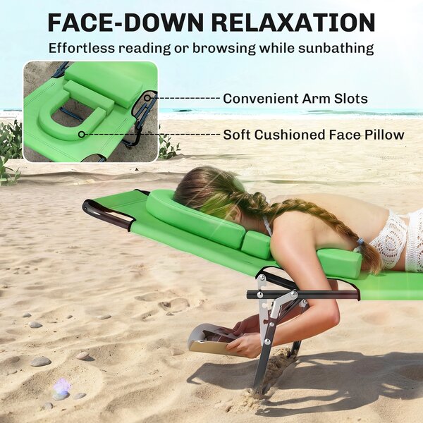 Outsunny Foldable Sun Lounger: Reclining Garden Chair with Pillow & Reading Hole, Adjustable Green Outdoor Recliner Aosom UK