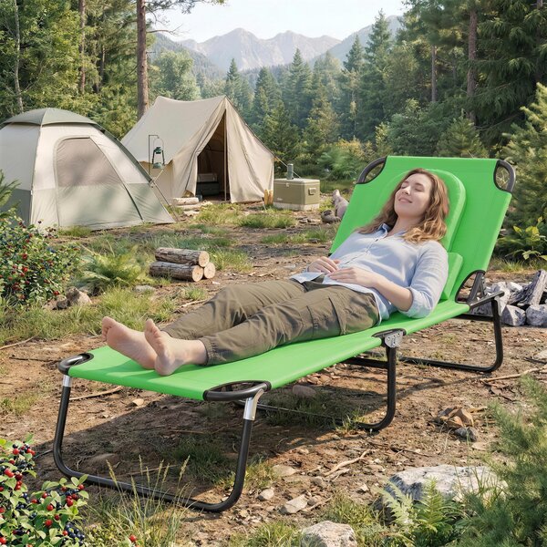 Outsunny Foldable Sun Lounger: Reclining Garden Chair with Pillow & Reading Hole, Adjustable Green Outdoor Recliner Aosom UK