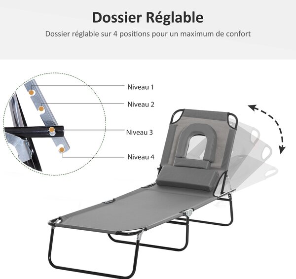 Outsunny Sun Lounger Foldable Reclining Chair with Pillow and Reading Hole Garden Beach Outdoor Recliner Adjustable Grey Aosom UK