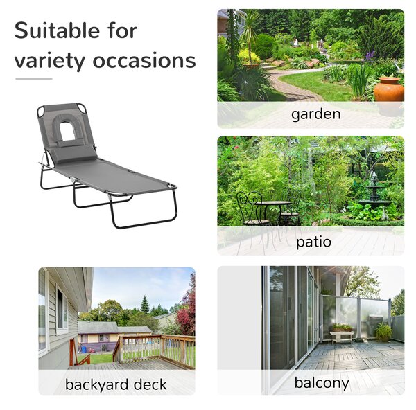 Outsunny Sun Lounger Foldable Reclining Chair with Pillow and Reading Hole Garden Beach Outdoor Recliner Adjustable Grey Aosom UK