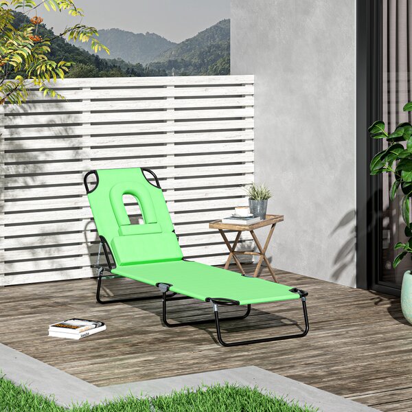 Outsunny Foldable Sun Lounger: Reclining Garden Chair with Pillow & Reading Hole, Adjustable Green Outdoor Recliner Aosom UK