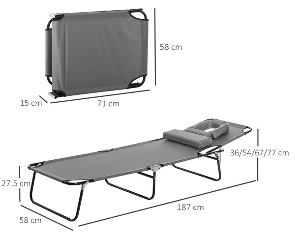 Outsunny Sun Lounger Foldable Reclining Chair with Pillow and Reading Hole Garden Beach Outdoor Recliner Adjustable Grey Aosom UK