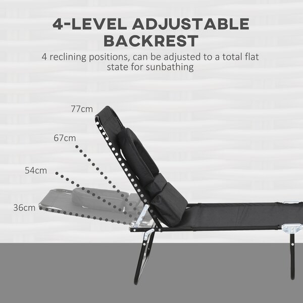 Outsunny Outdoor Foldable Sun Lounger Set of 2, 4 Level Adjustable Backrest Reclining Sun Lounger Chair with Pillow and Reading Hole, Black Aosom UK