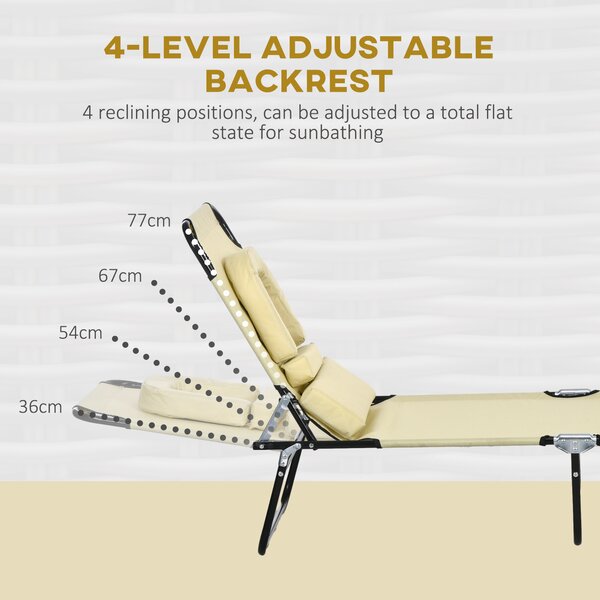 Outsunny Outdoor Foldable Sun Lounger Set of 2, 4 Level Adjustable Backrest Reclining Sun Lounger Chair with Pillow and Reading Hole, Beige Aosom UK