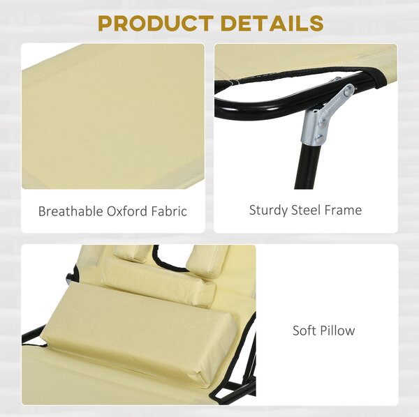 Outsunny Outdoor Foldable Sun Lounger Set of 2, 4 Level Adjustable Backrest Reclining Sun Lounger Chair with Pillow and Reading Hole, Beige Aosom UK