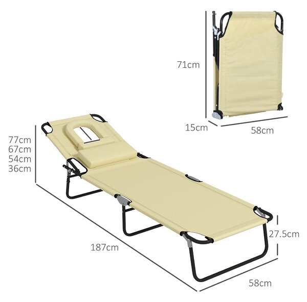 Outsunny Outdoor Foldable Sun Lounger Set of 2, 4 Level Adjustable Backrest Reclining Sun Lounger Chair with Pillow and Reading Hole, Beige Aosom UK