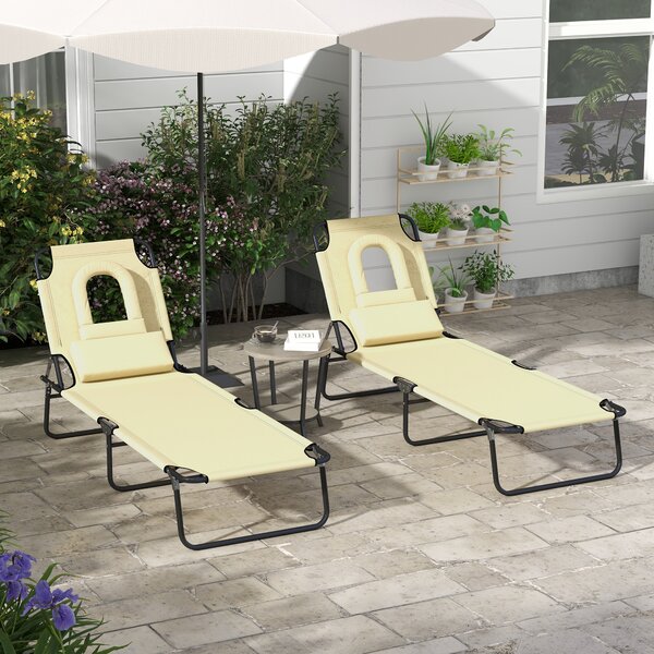 Outsunny Outdoor Foldable Sun Lounger Set of 2, 4 Level Adjustable Backrest Reclining Sun Lounger Chair with Pillow and Reading Hole, Beige Aosom UK