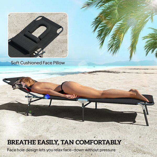 Outsunny Outdoor Foldable Sun Lounger Set of 2, 4 Level Adjustable Backrest Reclining Sun Lounger Chair with Pillow and Reading Hole, Black Aosom UK