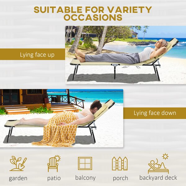 Outsunny Outdoor Foldable Sun Lounger Set of 2, 4 Level Adjustable Backrest Reclining Sun Lounger Chair with Pillow and Reading Hole, Beige Aosom UK