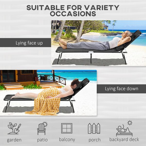 Outsunny Outdoor Foldable Sun Lounger Set of 2, 4 Level Adjustable Backrest Reclining Sun Lounger Chair with Pillow and Reading Hole, Black Aosom UK