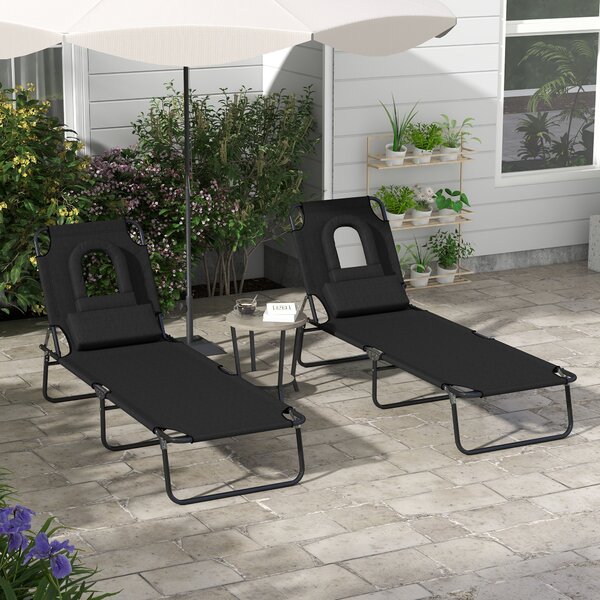 Outsunny Outdoor Foldable Sun Lounger Set of 2, 4 Level Adjustable Backrest Reclining Sun Lounger Chair with Pillow and Reading Hole, Black Aosom UK