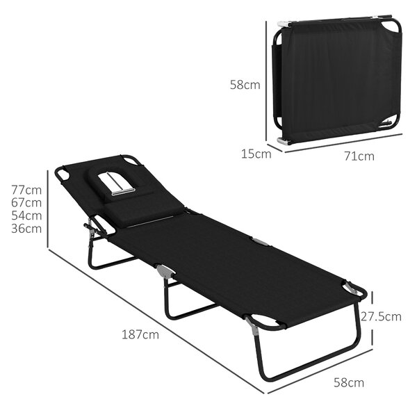 Outsunny Outdoor Foldable Sun Lounger Set of 2, 4 Level Adjustable Backrest Reclining Sun Lounger Chair with Pillow and Reading Hole, Black Aosom UK