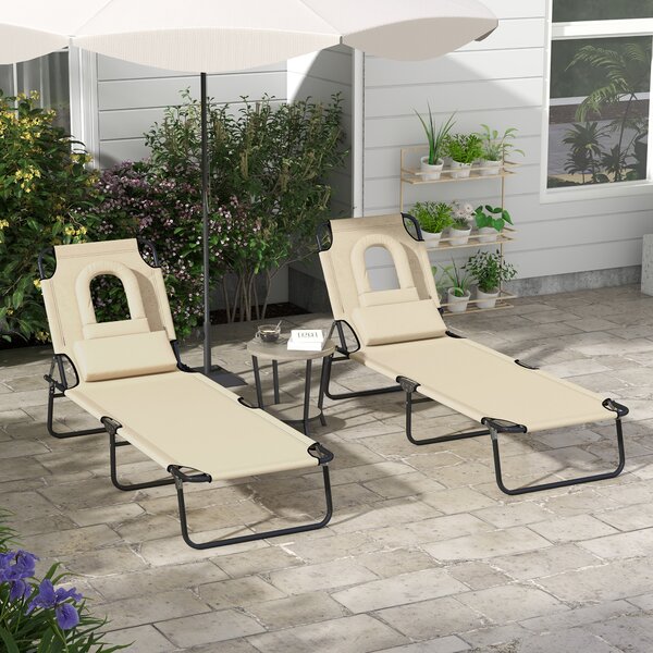 Outsunny Outdoor Foldable Sun Lounger Set of 2, 4 Level Adjustable Backrest Reclining Sun Lounger Chair with Pillow and Reading Hole, Brown Aosom UK