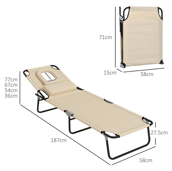 Outsunny Outdoor Foldable Sun Lounger Set of 2, 4 Level Adjustable Backrest Reclining Sun Lounger Chair with Pillow and Reading Hole, Brown Aosom UK