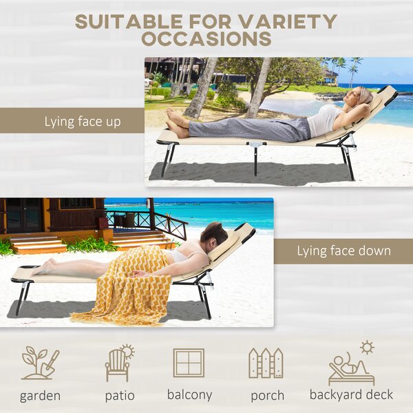 Outsunny Outdoor Foldable Sun Lounger Set of 2, 4 Level Adjustable Backrest Reclining Sun Lounger Chair with Pillow and Reading Hole, Brown Aosom UK
