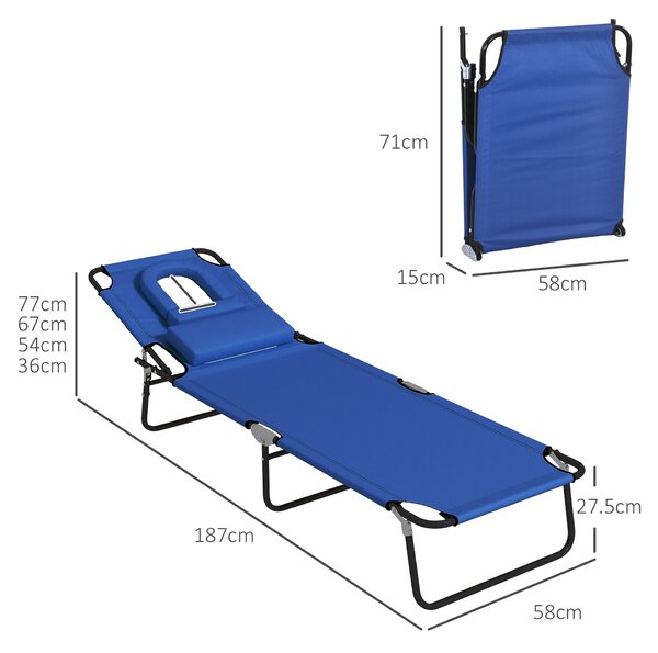 Outsunny Outdoor Foldable Sun Lounger Set of 2, 4 Level Adjustable Backrest Reclining Sun Lounger Chair with Pillow and Reading Hole, Blue Aosom UK