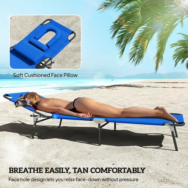 Outsunny Outdoor Foldable Sun Lounger Set of 2, 4 Level Adjustable Backrest Reclining Sun Lounger Chair with Pillow and Reading Hole, Blue Aosom UK
