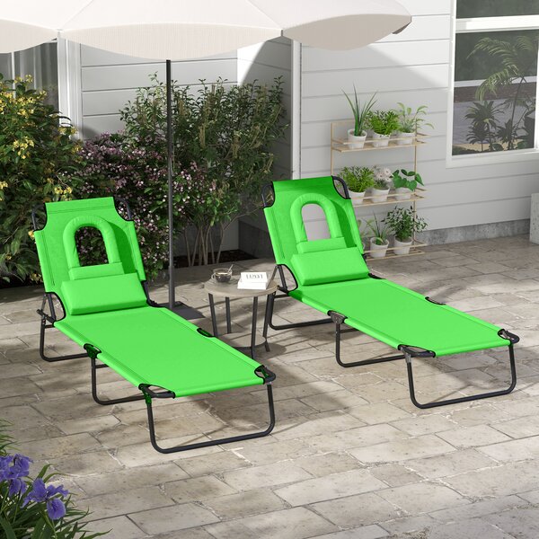 Outsunny Foldable Sun Lounger Duo, Adjustable 4-Level Backrest, Comfort Pillow & Reading Slot, Easy Storage, Vibrant Green Aosom UK