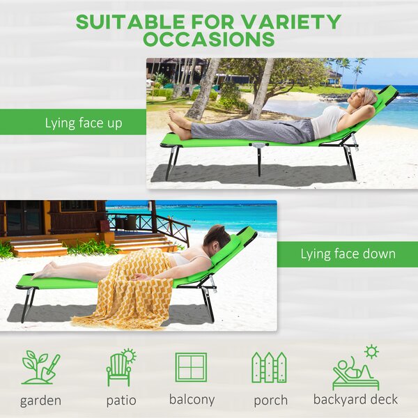 Outsunny Foldable Sun Lounger Duo, Adjustable 4-Level Backrest, Comfort Pillow & Reading Slot, Easy Storage, Vibrant Green Aosom UK