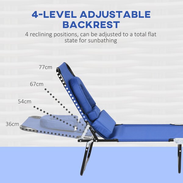 Outsunny Outdoor Foldable Sun Lounger Set of 2, 4 Level Adjustable Backrest Reclining Sun Lounger Chair with Pillow and Reading Hole, Blue Aosom UK