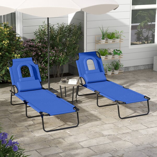 Outsunny Outdoor Foldable Sun Lounger Set of 2, 4 Level Adjustable Backrest Reclining Sun Lounger Chair with Pillow and Reading Hole, Blue Aosom UK