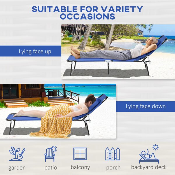 Outsunny Outdoor Foldable Sun Lounger Set of 2, 4 Level Adjustable Backrest Reclining Sun Lounger Chair with Pillow and Reading Hole, Blue Aosom UK