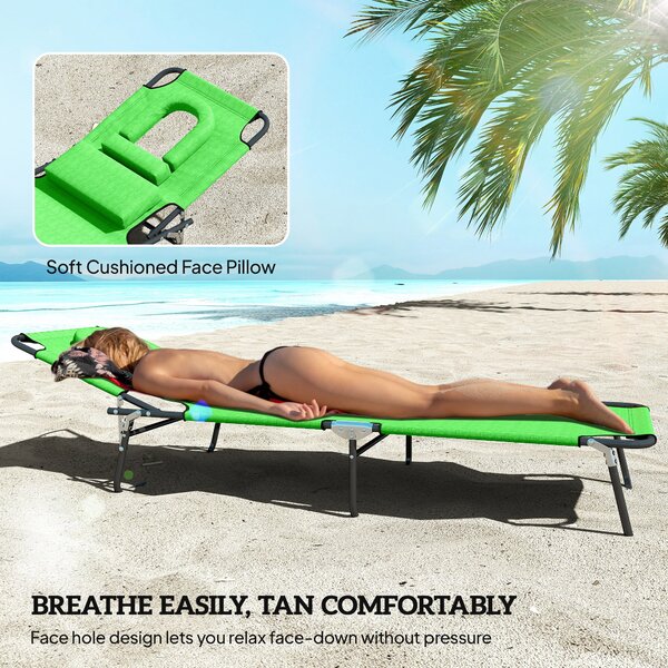 Outsunny Foldable Sun Lounger Duo, Adjustable 4-Level Backrest, Comfort Pillow & Reading Slot, Easy Storage, Vibrant Green Aosom UK
