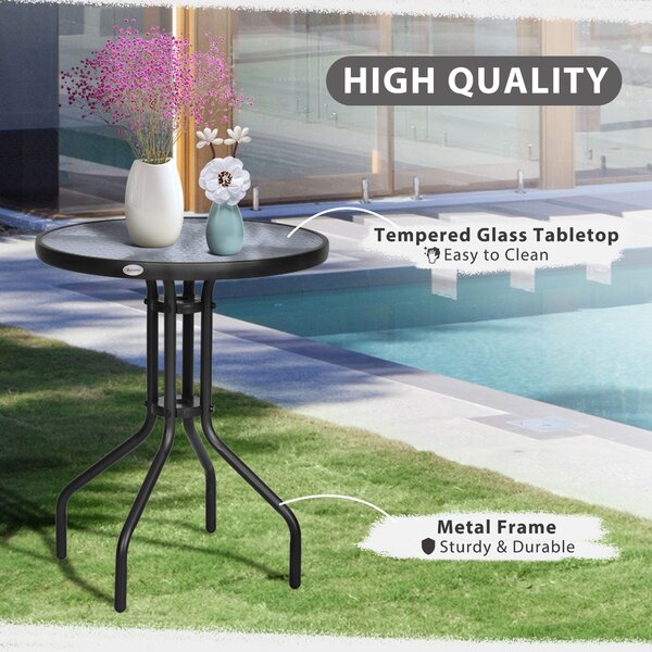 Outsunny Round Metal Garden Table, 60cm Diameter Tempered Glass Top, Outdoor Patio Furniture, Black Aosom UK