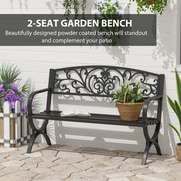 Outsunny 2-Seater Metal Garden Bench, Durable Outdoor Loveseat for Park or Porch, Elegant Design, Black Aosom UK